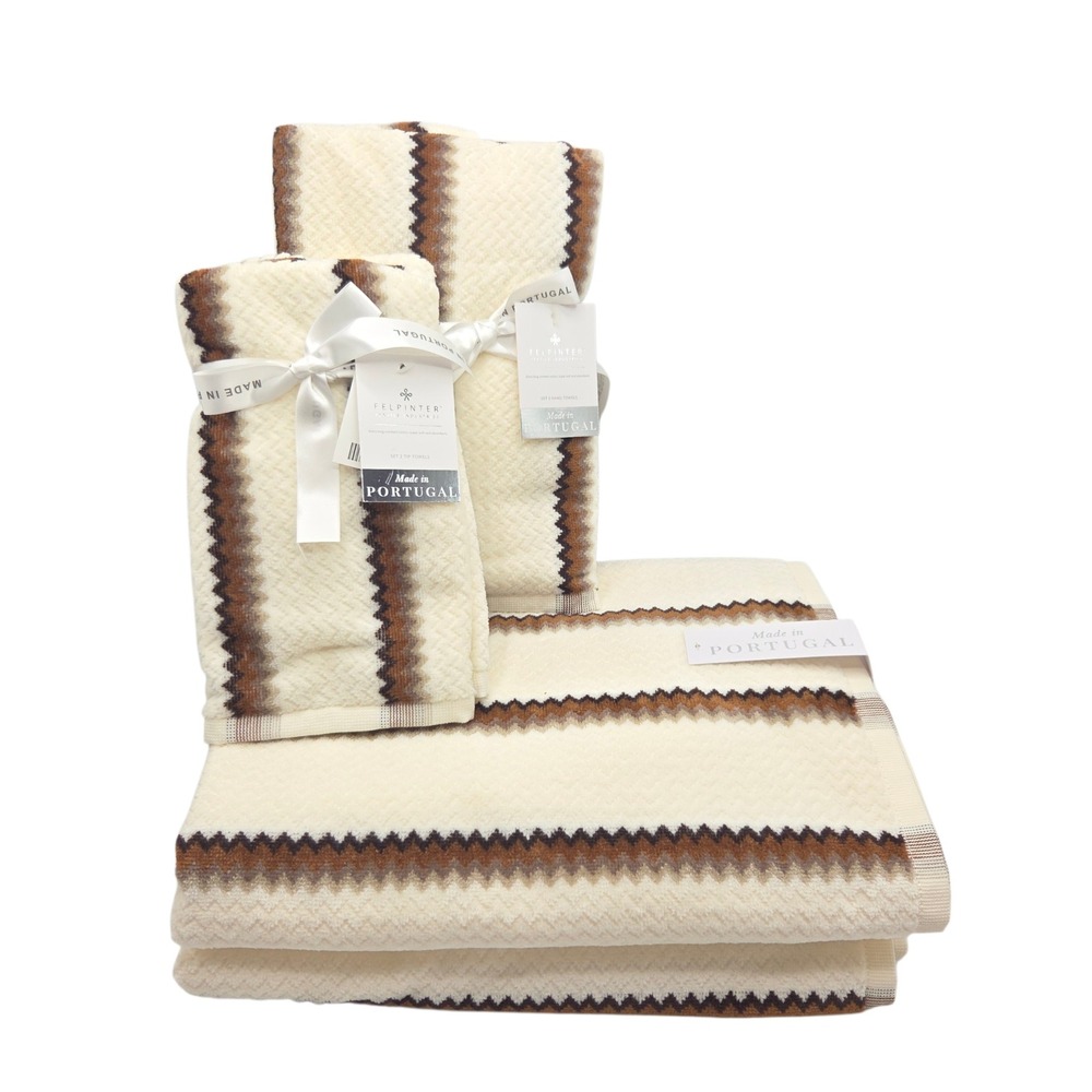 Felpinter 6pc Cotton Bath Hand Towel Set Chevron Stripe Cream Brown Portugal